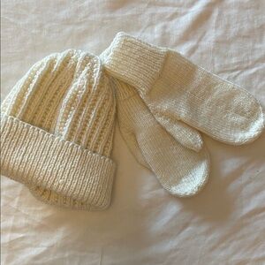Handmade Cozy Cream Knit Hat and Mittens Set